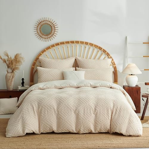 Freyamy Boho Bettwäsche 220x240 Vintage,Getuftet Bettwäsche Sets 3tlg,Romantisch Geometrische Wendebettwäsche Beige,Bohemien Texturierte Tufting Chic Wende Bettwäsche mit Kissenbezüge 80x80cm