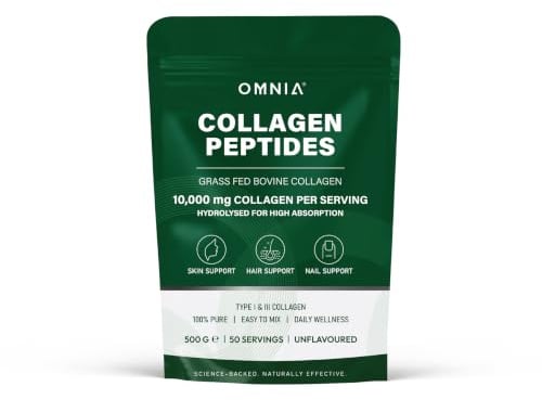 Omnia Pure Bovine Collagen Peptides Powder, 50 Servings, Packed with Essential Amino Acids, Optimal Health, Collagen for Radiant Skin, Strengthens Hair & Nails & Joints- UK Made (Packaging May Vary)