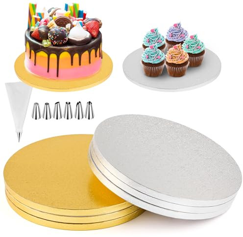 HGRGHH 6 Pcs Planches à Gâteaux Ronds Set, 25.5cm/10 Pouces Supports à Gâteaux Ronds, Tambour à Gâteau Carton Ronde avec 6 Douilles, 1 Poche à douille, Réutilisables Cake Board Plateau