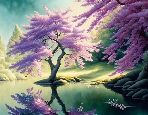 OuDeZjzhu Leinwandbild, 58 x 90 cm, botanisches Gemälde eines Kirschbaums in Wasserfarbe, ohne Rahmen, Poster