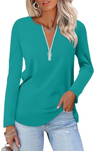 TICTICMISS Women's Long Sleeve Shirts Zipper Color Block V Neck Tunic Tops Casual Blouse, Z-aqua, S