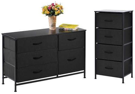 simpa Chest of Drawers - Fabric Storage Tower Set with 4 & 5 Drawers Combination, Sturdy Black Steel Frame, black Wooden Top & Black Easy Pull Fabric Drawers