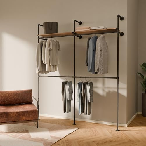 pamo perchero de pared con estante de roble 201 x 222 cm – Barra industrial negra de tubos metálicos, armario abierto compacto para ropa