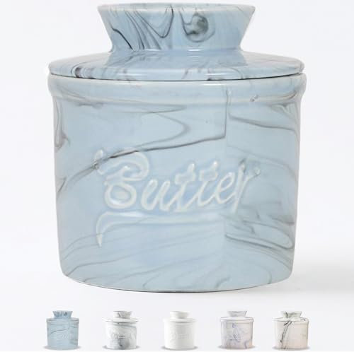 Duscdesp Butterdose Porzellan, Runde Butterbehälter Keramik mit Wasserkühlung, Französische Butterdose mit Deckel, Butterglocke Butterdosen für Frische und Streichfähige Butter (Blau Marmor, 10cm)