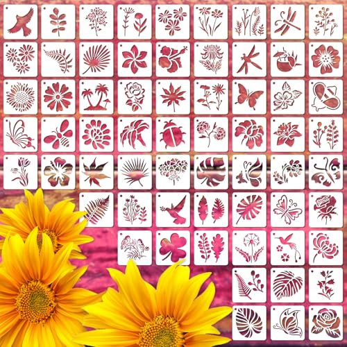 Tyqour 64 Stück Schablone Set,7.5x7.5cm Blume Blätter Vogel Zeichnung Malschablonen Schablonen Textilgestaltung Schablonen Wandgestaltung Schablonen zum Malen für Scrapbooking Holz Boden Wand Fliesen