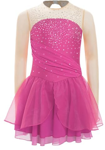 RUNQHUI Bambino Ragazza Vestito Pattinaggio Artistico Body Ginnastica Vestito Danza sul Ghiaccio Allenamento Competizione Spettacolo, rosa acceso, 9-10 Anni