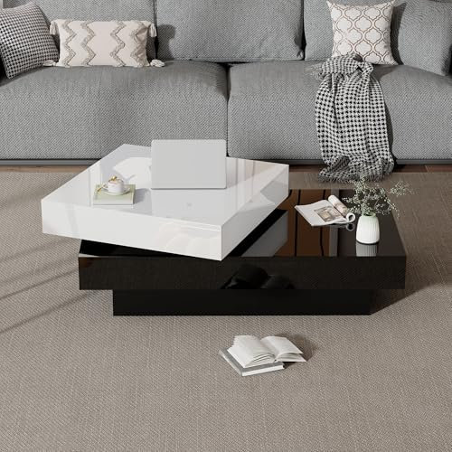 HAINEW Moderner Drehbar Couchtisch, Hochglanz 2-stufiger Beistelltisch Kaffeetisch Sofatisch für Wohnzimmer und Schlafzimmer, 103×60×35,5cm, Weiß+Schwarz