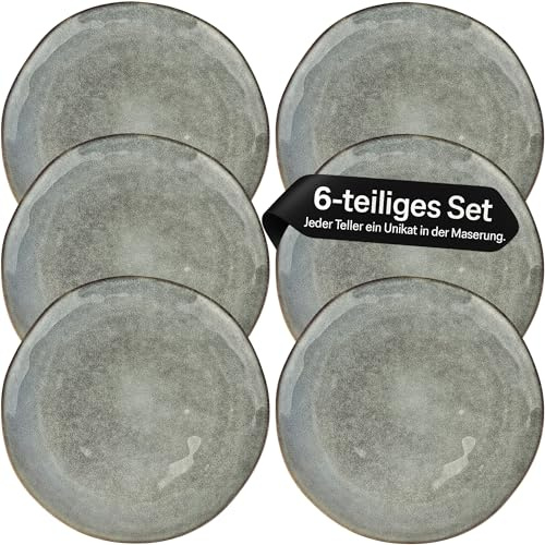 Teller Set 6 Stück – Große Steingut Essteller 28cm – Buntes Geschirr mit Unikat Maserung – Spülmaschinenfest, Ofenfest, Mikrowellengeeignet – Mediterranes Design, Geschenkidee - Mint / grau
