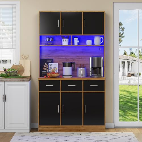 Ligterra Armadio buffet, 100 x 40 x 180 cm, buffet con illuminazione a LED con telecomando, cassetti, ripiani regolabili, fori di gestione dei cavi e prese, per cucine e sala da pranzo (colore legno)
