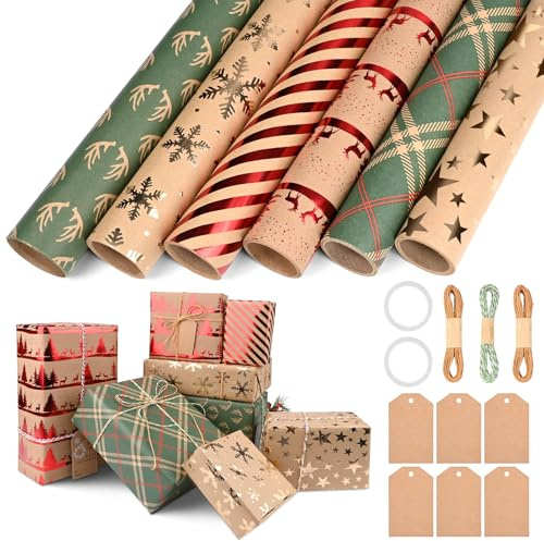 GuKKK Weihnachtsgeschenkpapier, 6 Rollen 43 X 300cm Geschenkpapier Weihnachten Rolle, Kraftgeschenkpapier Gedruckt mit Weihnachtsmuster, Geschenkpapierrollen für Geschenkkisten & Dekoration (A)