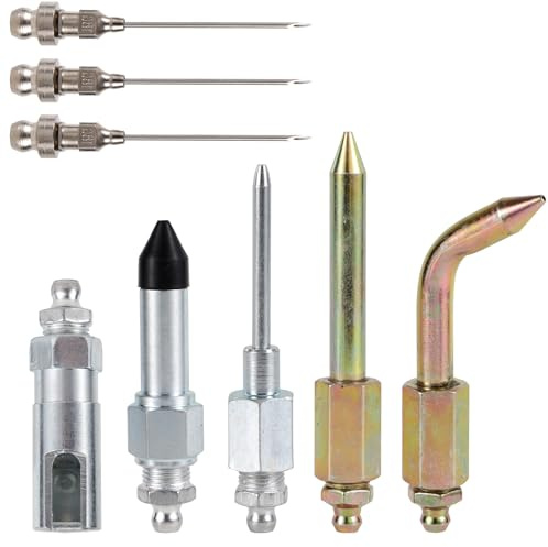 Goktvai 8pcs Grease Gun Accessory Kit, Fittings Include 3 Grease Nozzles, 1 Needle Dispenser, Rubber Tip Joint Nipple, Straight Nozzle & Bent Adapter Coupler for Tight Spaces
