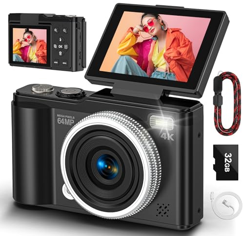 Digital camera, 4K 64MP Compact Digital Camera with Autofocus and Macro Function, 180° flip-up screen portable selfie cameras for photography and video with 32GB Micro SD Card for Beginners Teens