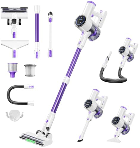Aspirapolvere senza Fili con Tubo & Spazzola Triangolare, Display LED | 40000Pa/450W/40Min, Spazzola Antigroviglio Avanzata, Leggera, Autoportante, Silenzioso, per Peli/Pavimenti(Viola-bianco)
