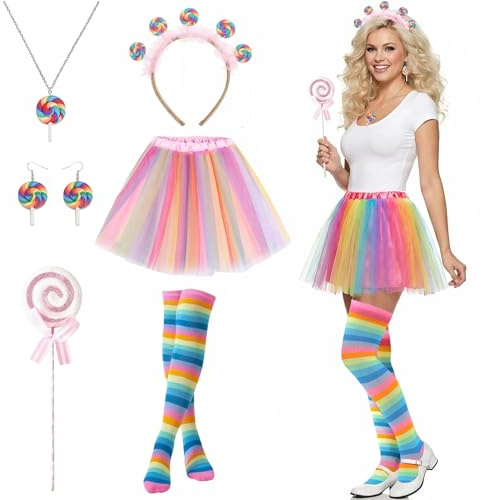 ZXTGBQ 6PCS Süßigkeiten Lollipop Kostüme für Damen, Lollipop Haarreif Haarschmuck, Süßigkeiten Set Mit Ohrringen Und Halskette, Cosplay Zubehör, Bonbon Candy Kostüms für Fasching Karneval Halloween
