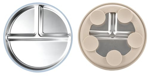 2pcs 8inch Stainless Steel Baby Plates for High Chairs with Removable Sleeve and Suction Base Divided Design Plate Compartment Baby Plate