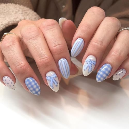 24Pcs Press on Nails Short Almond - Cute Fake Nails with Blue & White Striped Grid And Bow Design - 12 Sizes Glossy Summer False Nails with Glue - Reusable Stick on Nails for Women Nail Art Gifts