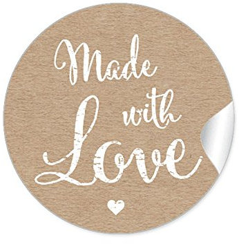 24 STICKER: Made with Love Universal Vintage Etiketten NATUR im Kraftpapier Style mit weißer Schrift im Stempel Look für Gastgeschenke, Tischdeko, für Selbstgemachtes u.v.m. / 4 cm, rund, matt