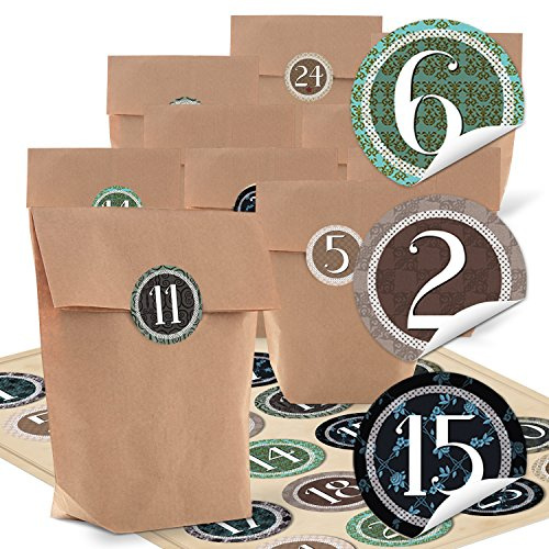 Logbuch-Verlag 1-24 Adventskalender Bastelset Vintage Kraftpapier Tüten mit Zahlen Aufkleber Papierbeutel und Adventsaufkleber Nummern 14 x 22 x 5,5 cm