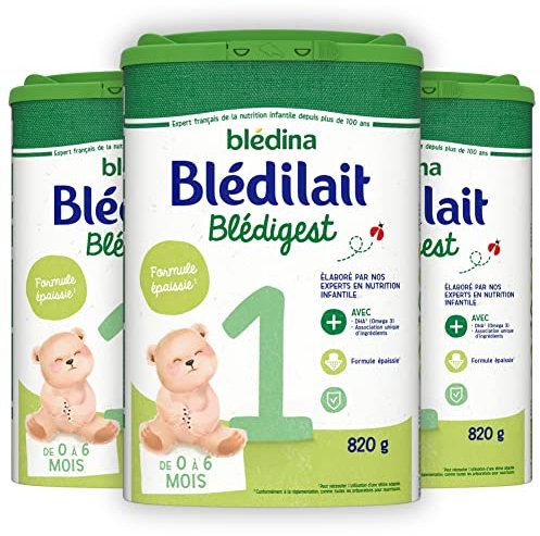 Blédina Blédilait Blédigest 1, Lait en Poudre pour Bébé, 0 à 6 Mois, Formule Epaissie, 820g (Boîtex3)