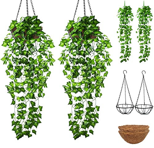 2 Satz blumenampel außen + Künstliche Hängepflanze +Dekorative Blumenampeln für Innen- und Außenbereich, Hanging Basket,Blumen-Ampel, Kokos Liner 8 Zoll