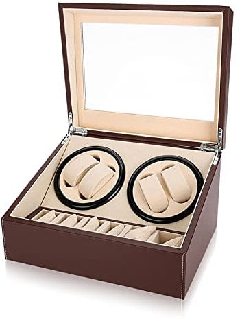 Ejoyous Automatische Uhrenbeweger Box, Uhrendreher Uhrenbox Uhrenbeweger für 4 Automatikuhren + 6 Gitter Uhrenaufbewahrungsgehäuse, Aufbewahrungsbox Automatikuhren Leise (Brown)