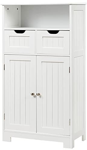 COSTWAY Bathroom Floor Cabinet, Wooden Free Standing Storage Cupboard with Adjustable Shelf, 2 Drawers and Doors, Home Living Room Hallway Organiser Unit (White)