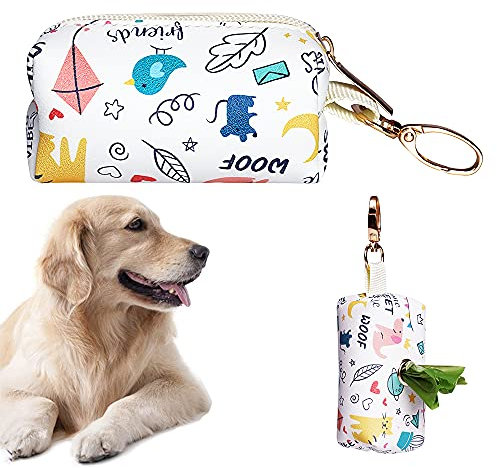 zfdg Distributeur Sac a Crottes Chien, Porte-Sac à pour d'Animaux, PU Cuir Portable Support de Déjections Canines Animal, Chat, Dressage, Course, Marche (Blanc)