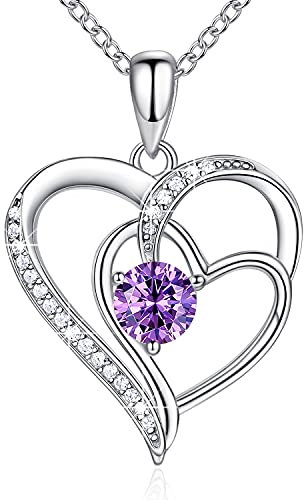 NINAMAID 925 Sterling Silber Kette Herz Kette Damen Geburtsstein Halskette Damen Silber Damen Schmuck halskette Geschenk für Frauen Freundin Geschenk mit 5A Cubic Zirkonia