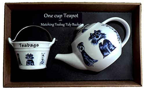 crackinchina Blue Cartoon Dogs 1 Cup teapot with Small Used Teabag Tidy Bucket, White