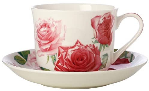 Maxwell & Williams JY0032 Tasse mit Untertasse 480 ml – Serie Floriade – Weiß Bone China Porzellan in Geschenkbox – Rose