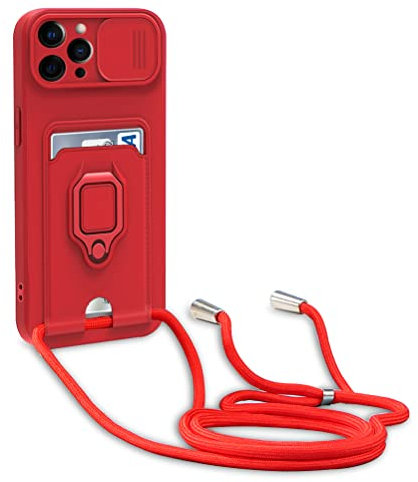 yanasuo Camera Protection Lanyard Phone Case for iPhone 12 Pro Max, Card Holder, Slide Camera Cover, Silicone Cord Strap rope Shell TPU Shockproof Bumper Cover-Red
