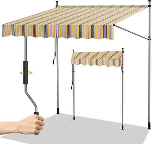 Randaco Klemmmarkise ohne Bohren, UV-beständig Einziehbar Klemmmarkise mit Handkurbel Höhenverstellbar, Sonnenschutz wasserdich, Terrassenüberdachung, Einfache Montage 200x120cm Gelb Blau
