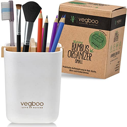 vegboo® Bambus Organizer klein – Nachhaltiger Zahnputzbecher & Aufbewahrungsbox aus Bambusfasern – Multifunktional als Kosmetik Organizer, Stiftehalter & Badezimmer Zubehör in Weiß
