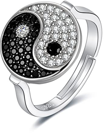 JewelryPalace Rundschliff Ying Yang Taichi Ring Echt Natur Schwarz Spinell Ring Damen, Bicolor Zirkonia Schmuck Set, Damenring Silber 925 Ring Offen Verstellbare für Frauen, Schmuck Mädchen Naturstein