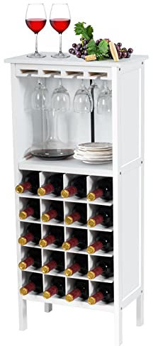 GOPLUS Casier à Vin, avec 20 Emplacements et Porte-gobelet, Étagère à Bouteille en Pin 42 x 24,5 x 96 CM pour Cave, Collier, Cuisine, Salon, Chambre (Blanc)
