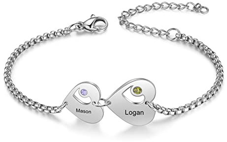Jeweidea Damen Armband mit Namen Personalisiert Armband mit Gravur Herz Anhänger für Damen Mama Geschenk zum Geburtstag Muttertag Weihnachten (2 namen)