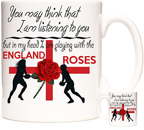 Women's Rugby Mug, England Roses Rugby Mug, You May Think That I Am Listening to You. Ceramic Gift Mug for Ladies and Girls who Love to Play Rugby
