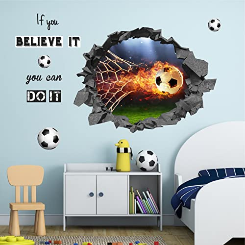 Large 3D Football Wall Sticker Soccer Wall Stickers for Bedrooms for Boys Football Player Wall Decals Peel and Stick Sport Vinyl Wall Art Stickers for Kids Room Playroom Teenagers Bedroom Accessories