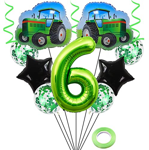 Weenkeey 6. Geburtstag Traktor Luftballons Riesen Bauernhof Traktor Folienballons 32 Zoll Grün Zahl 6 Helium Ballon 6. Geburtstag Luftballon Trecker Mylar Balloon für Junge Geburtstag Party