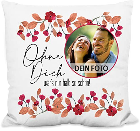 True Statements Foto-Geschenke: Flauschiges Kissen mit Bild „Ohne Dich wär’s halb so schön!“ personalisiert - 40x40cm, inkl. Kissen-Füllung Geburtstag Valentinstag Weihnachten Dekokissen