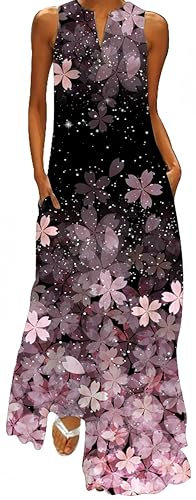 Ocean Plus Femmes Jupe Longue sans Manches Col V Robe Florale Imprimée Maxi Robe sans Manches avec Col en V (L, Fleurs de Cerisier Roses)