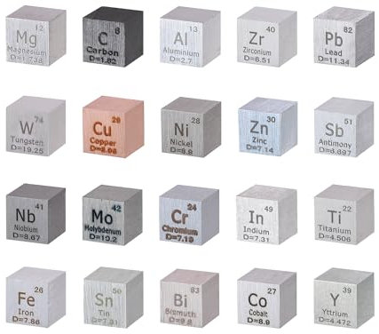 HOMOSTARRY 20pcs Element Würfel Set 0.39 Dichte Metall Würfel Set 10mm bis 99.99% Reinheit, Wolfram Würfel, Bismut und 18 Mehr für Schüler Lehrer Wissenschaft Liebhaber Sammlung&DIY