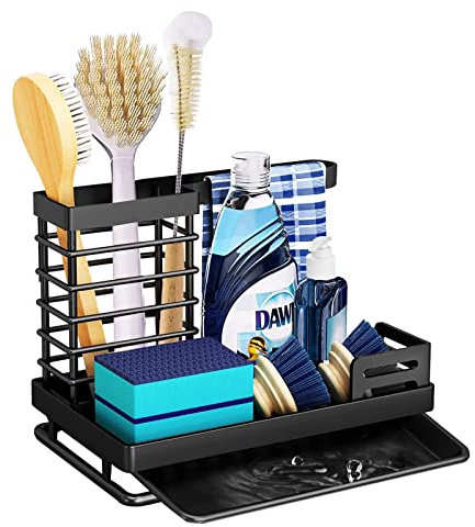 KOSHIFU Soporte Estropajo Fregadero Cocina Organizador Sink Caddy con Escurridor Organizador de Fregadero para Cepillos de Cocina Trapos y Esponjas Almacenamiento Encimera Baño Negro