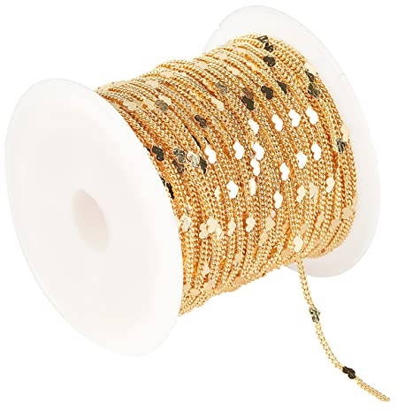 YOUBEIYEE 10 m lange hellgoldene Ketten für Schmuckherstellung, 18 Karat vergoldetes Messing, flache Herz-Panzerkette, Damen-Halskette, Armband, DIY-Schmuckketten