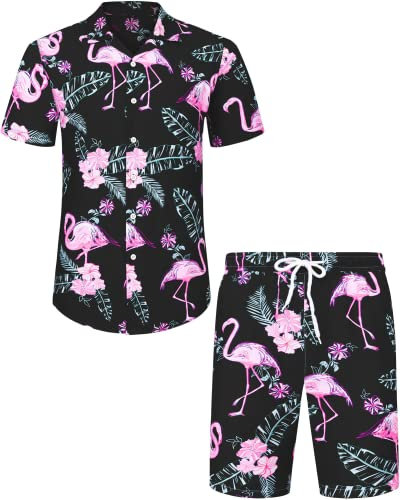 J.VER Herren Hawaiihemd Flamingo Floral Kurzarmhemd und Shorts Sommer Beach Freizeithemden Funky Party Outfit Hawaii Hemd Männer Faltenfrei Urlaub Hemd Set,Schwarz Flamingo,XXL