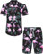 J.VER Herren Hawaiihemd Flamingo Floral Kurzarmhemd und Shorts Sommer Beach Freizeithemden Funky Party Outfit Hawaii Hemd Männer Faltenfrei Urlaub Hemd Set,Schwarz Flamingo,XXL