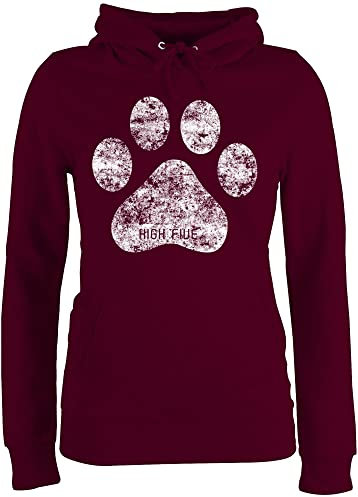 Pullover Damen Hoodie Frauen - Geschenk für Hundebesitzer - High Five Hunde Pfote - S - Burgundrot - Klamotten mit hundepfoten hundepullover hundefan paw Kapuzenpulli winterpulli Hund Hundefans