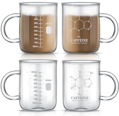 Hsei 4 Stück 473 ml Koffeinbecher Becher Koffein Molekül Becher mit Griff Becher Kaffeebecher Borosilikatglas Chemie Becher für Chemie Geschenke Messen für Kaffee, Latte, Tee, Heißes Kaltes Getränk