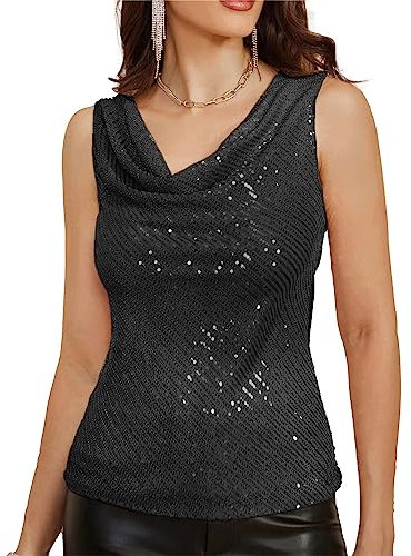 Damen Cocktail Weihnachten Solide Farbe Pailletten Bluse Ärmelloser Neckholder Vintage Tank Top Schwarz S