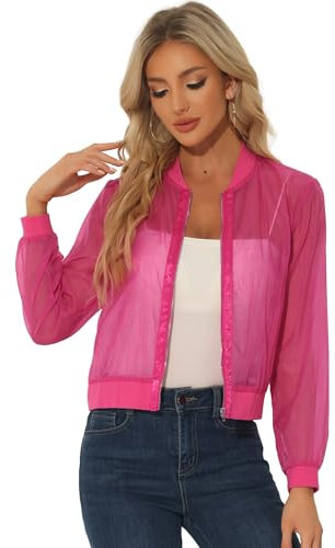 Allegra K Blouson aviateur transparent léger à manches longues pour femmes Rose vif L